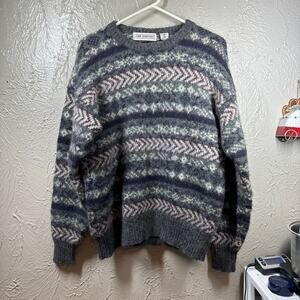 Vintage John Ashford Men’s XL Gray Crew Neck Lambs Wool Fair Isles Sweater‎